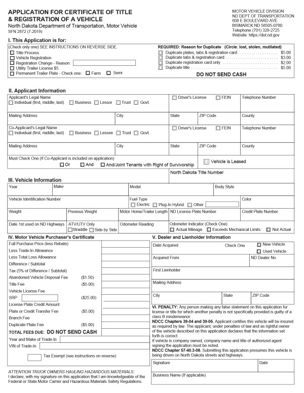 Application for certificate of title and registration of a vehicle North Dakota PandaDoc